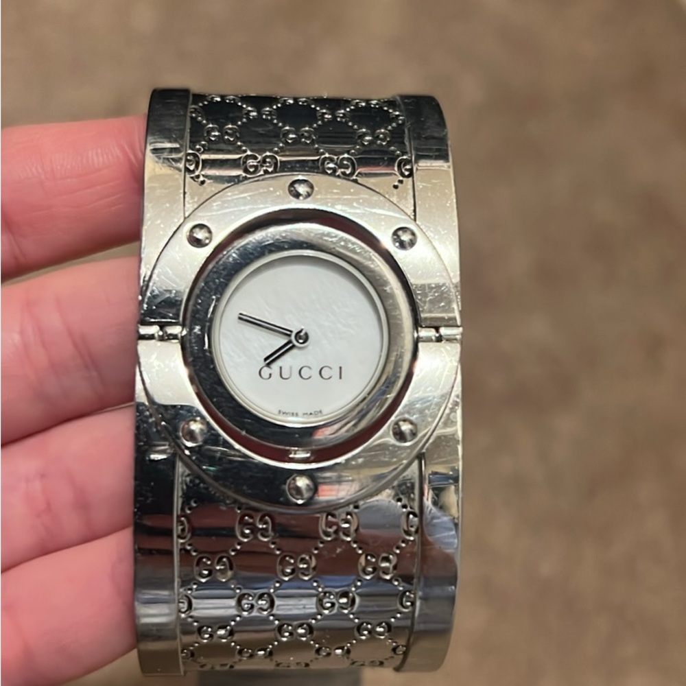 Gucci Silver Cuff Bracelet Watch with White Dial
